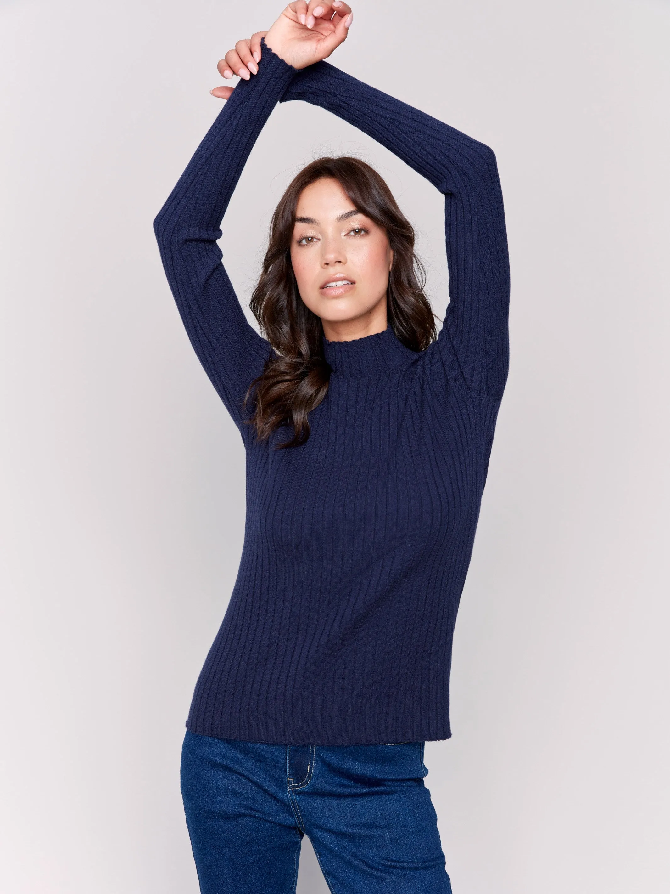 Ribbed Knit Mock Neck Sweater - Navy