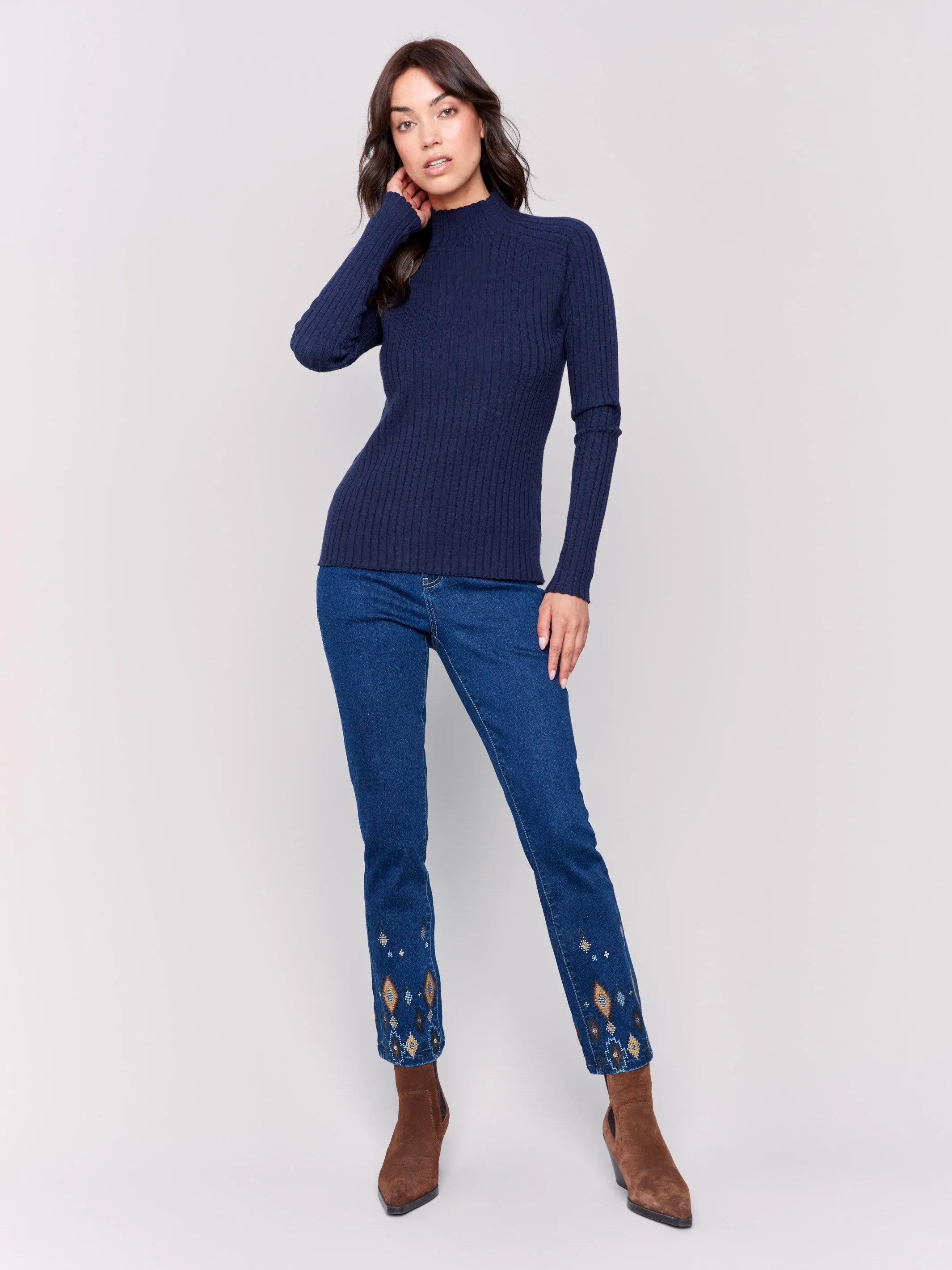 Ribbed Knit Mock Neck Sweater - Navy