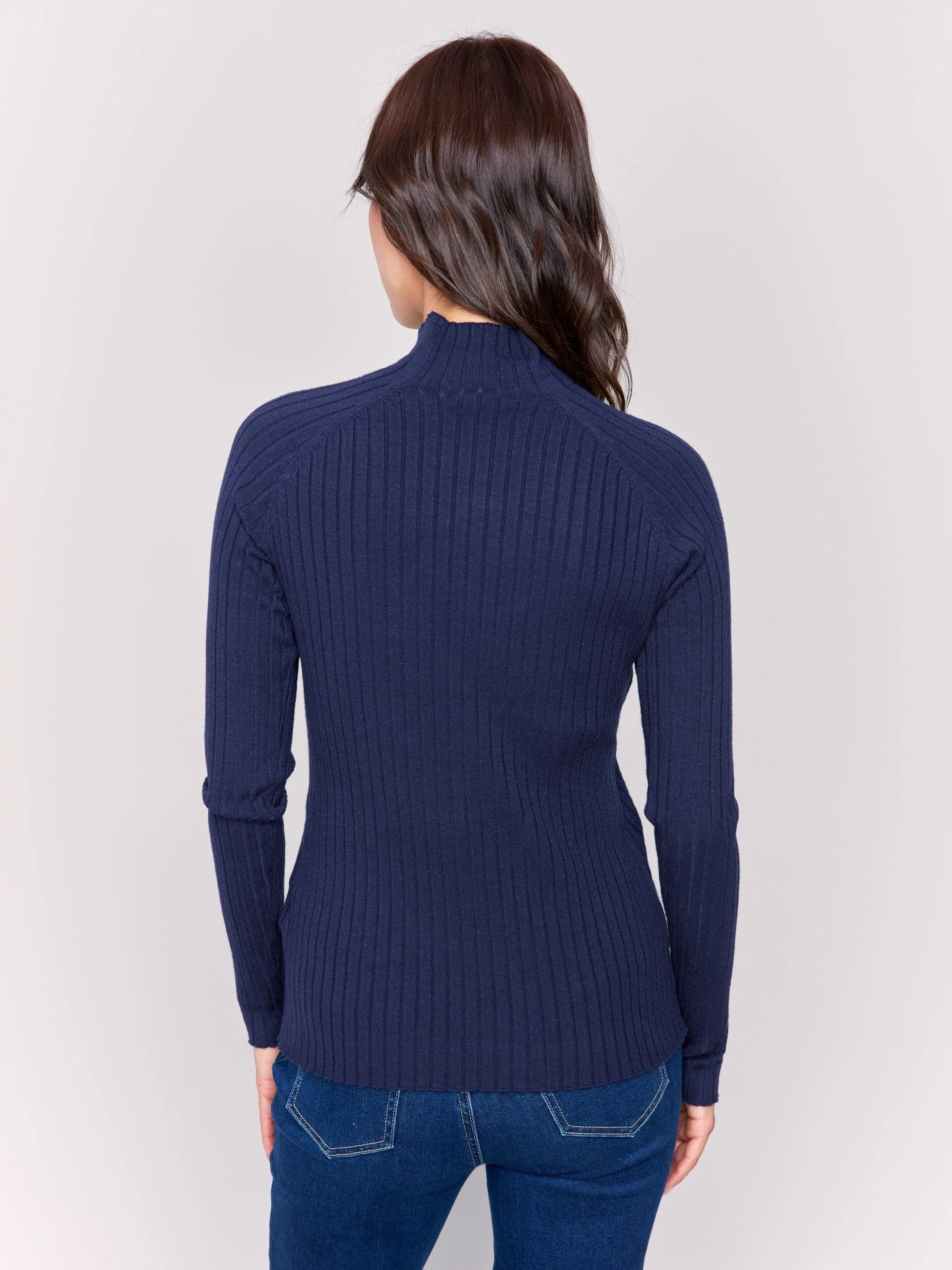 Ribbed Knit Mock Neck Sweater - Navy