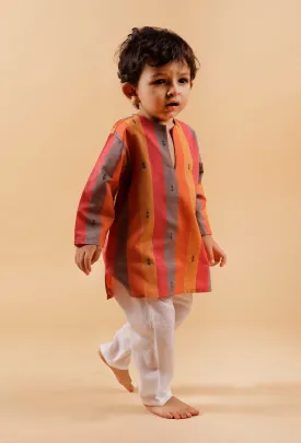 Set of 2: Orange Striped Woven Kurta With Off-white Pant