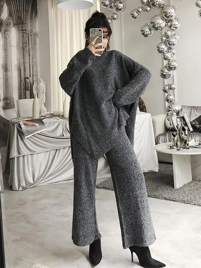 Turtle Neck High Collar Knitted Sweater   Pants Set