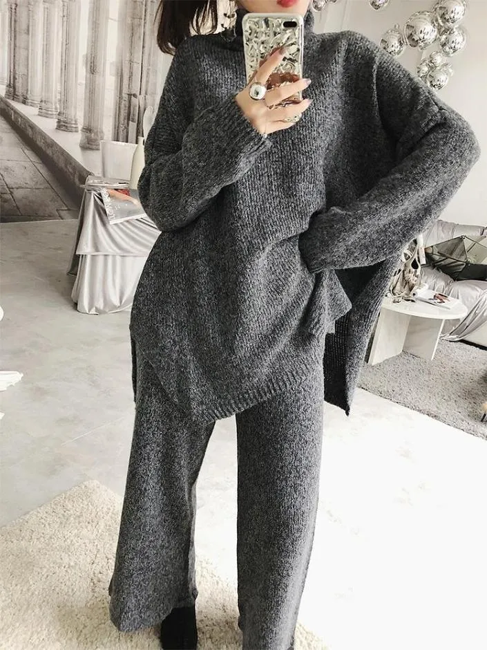 Turtle Neck High Collar Knitted Sweater   Pants Set