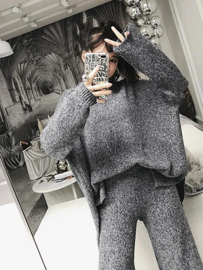 Turtle Neck High Collar Knitted Sweater   Pants Set