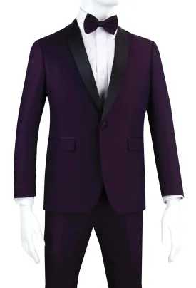 Plum Slim Fit Tuxedo with Narrow Black Shawl Lapel & Matching Bow Tie