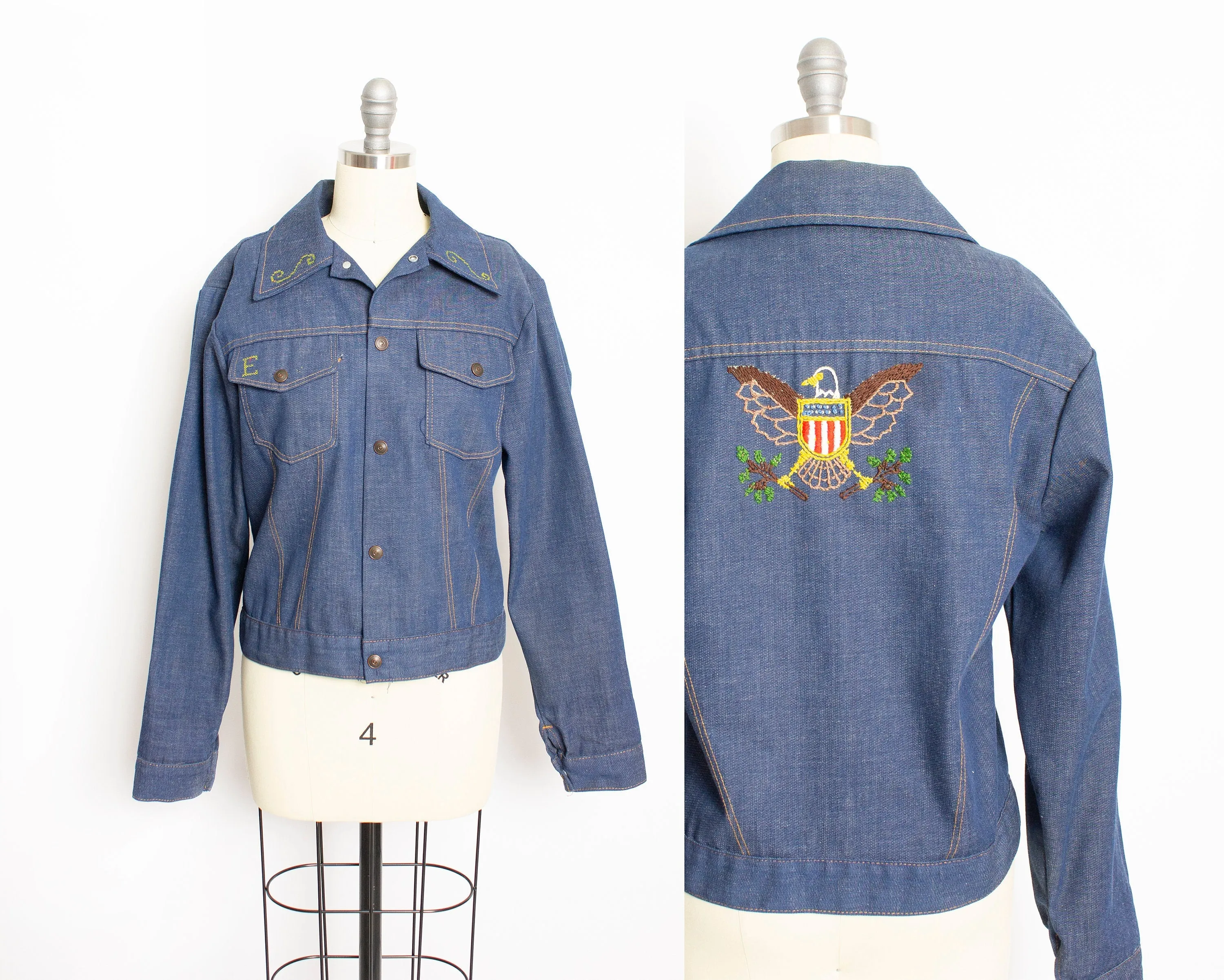 Vintage 1970s Denim Jacket Embroidered Eagle Blue Lightweight 70s Medium