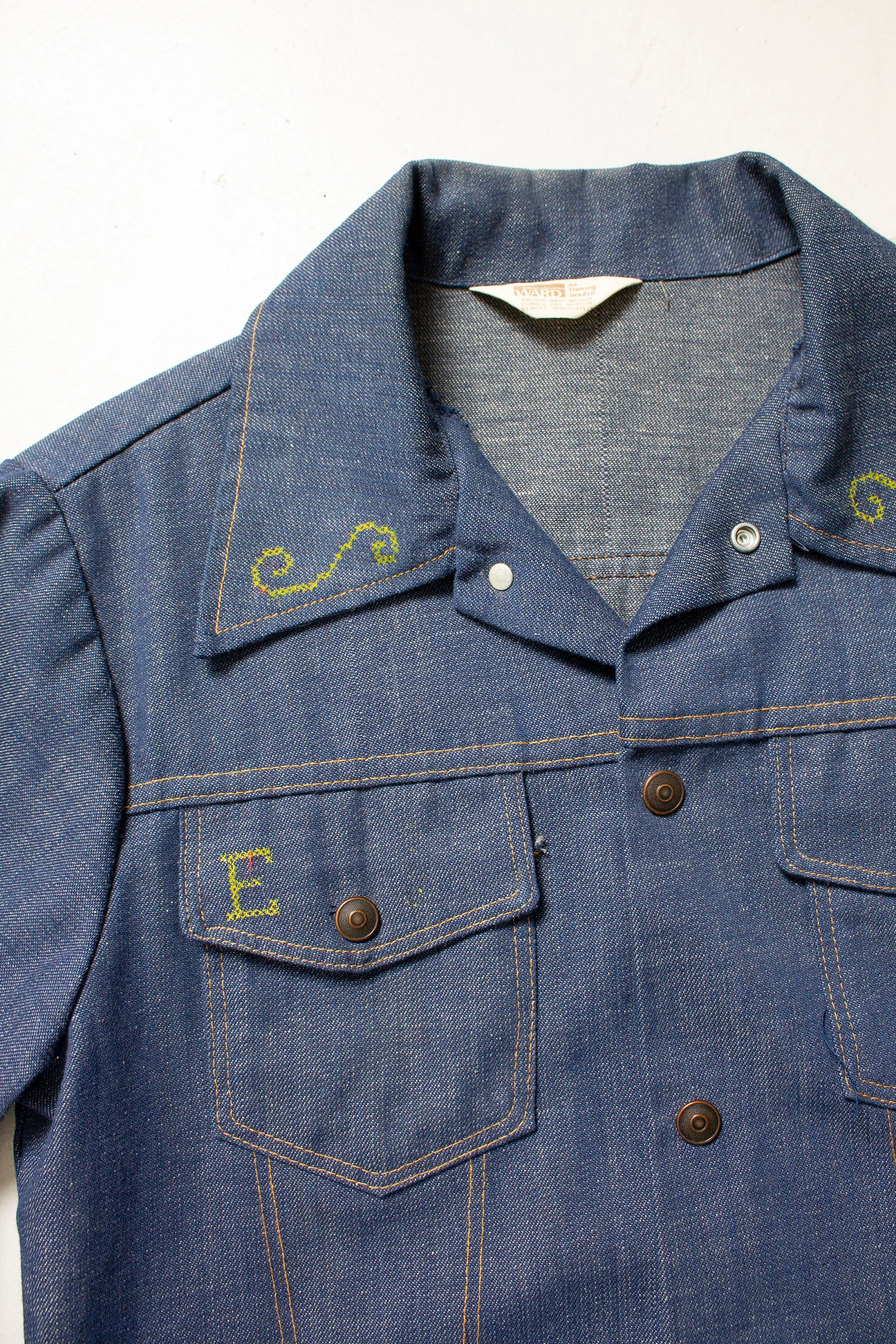 Vintage 1970s Denim Jacket Embroidered Eagle Blue Lightweight 70s Medium