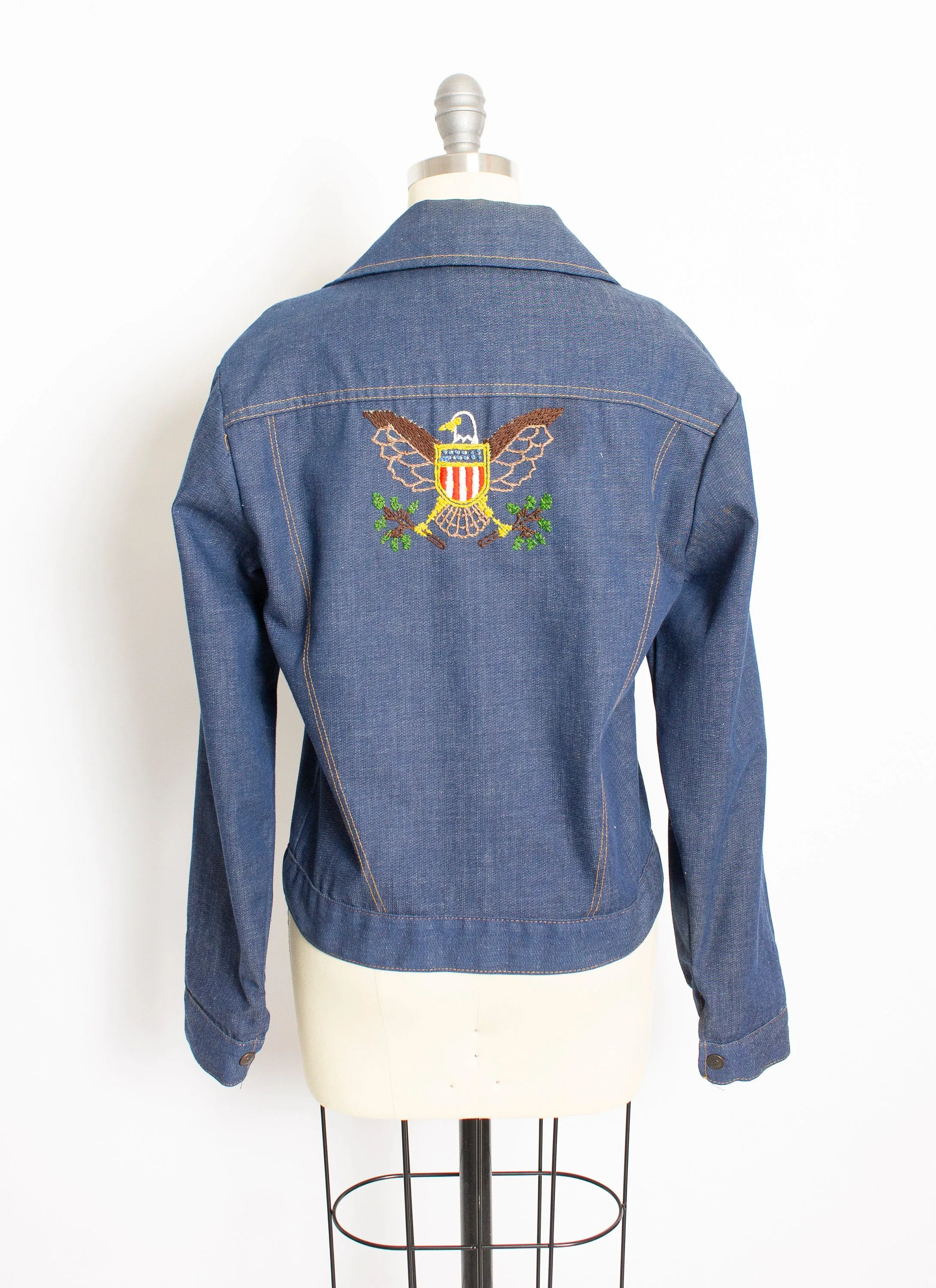 Vintage 1970s Denim Jacket Embroidered Eagle Blue Lightweight 70s Medium