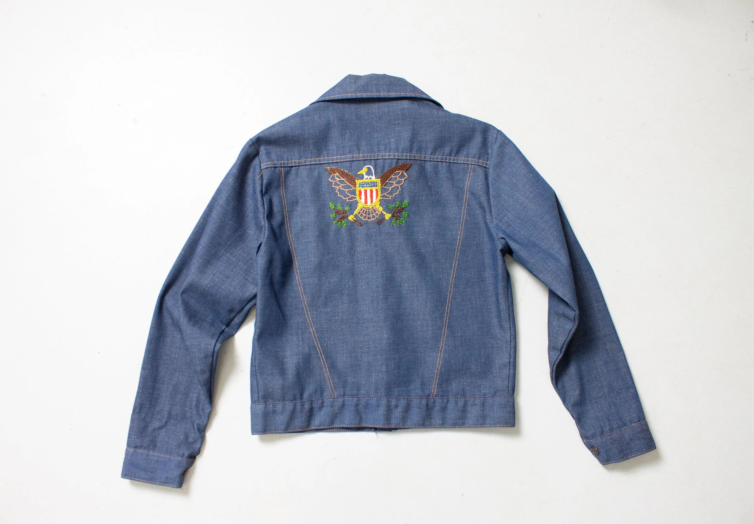 Vintage 1970s Denim Jacket Embroidered Eagle Blue Lightweight 70s Medium