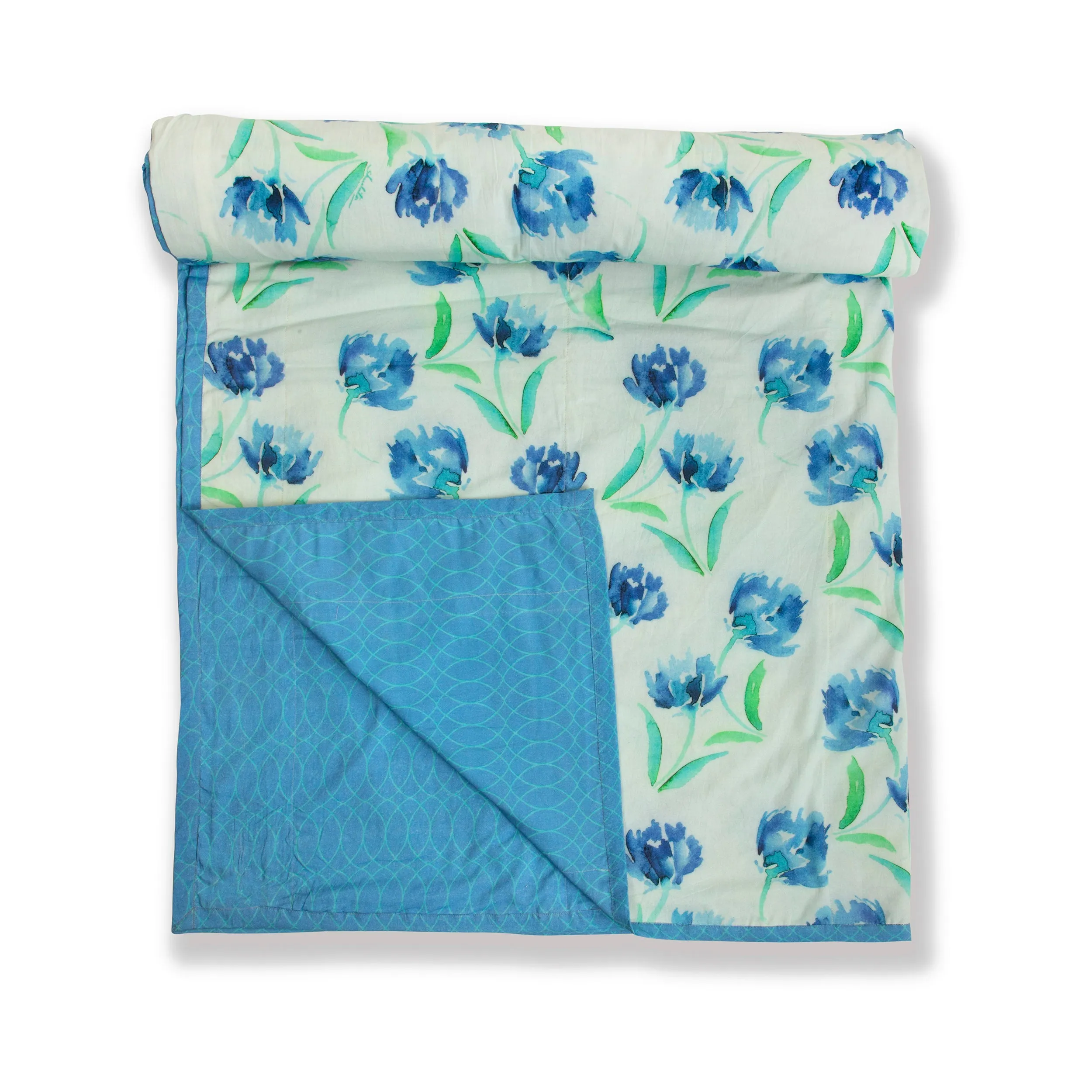 White And Blue Floral Printed Duvet / Dohar