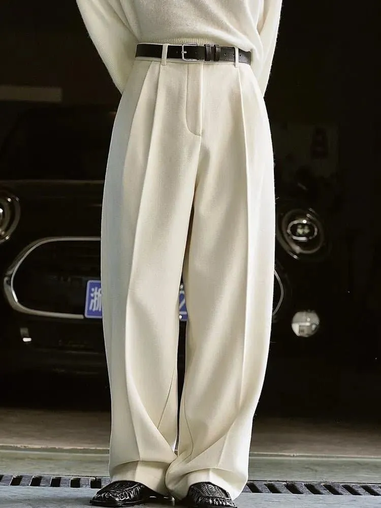 Wide Leg Woolen Pants - High Waist, Warm Winter Fashion