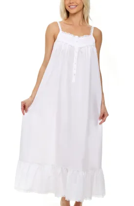 Women's Cotton Victorian Nightgown, Cecilia Sleeveless Lace Trimmed Button Up Long Night Dress