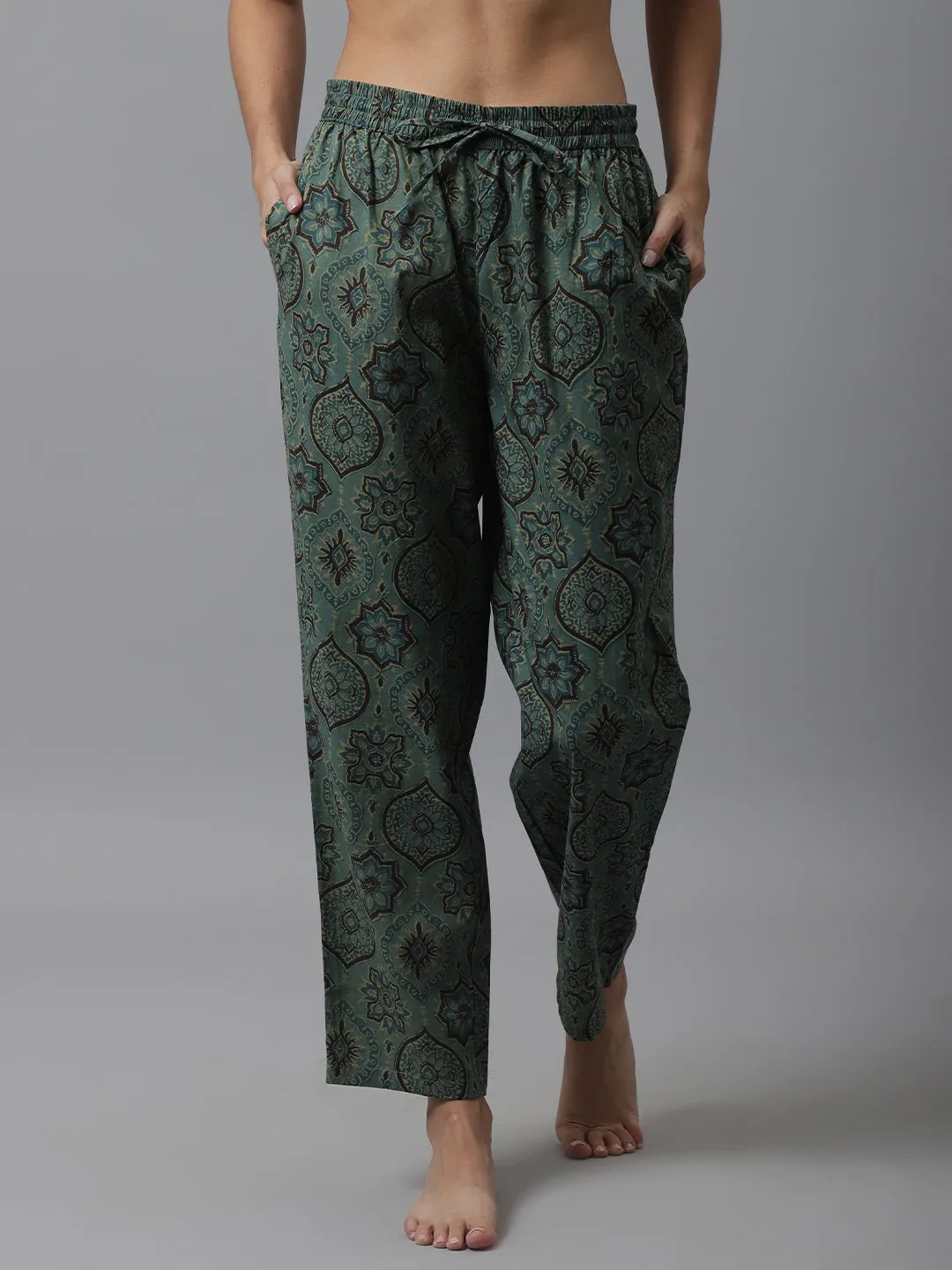 Women's Green Floral Cotton Pyjama / Lounge Pants - Green