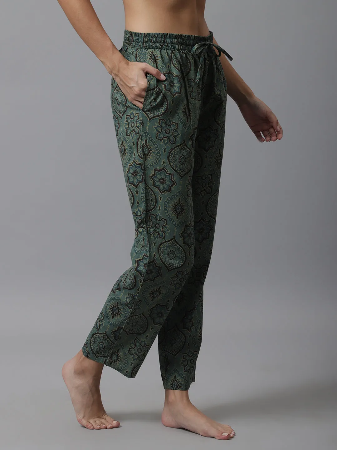 Women's Green Floral Cotton Pyjama / Lounge Pants - Green