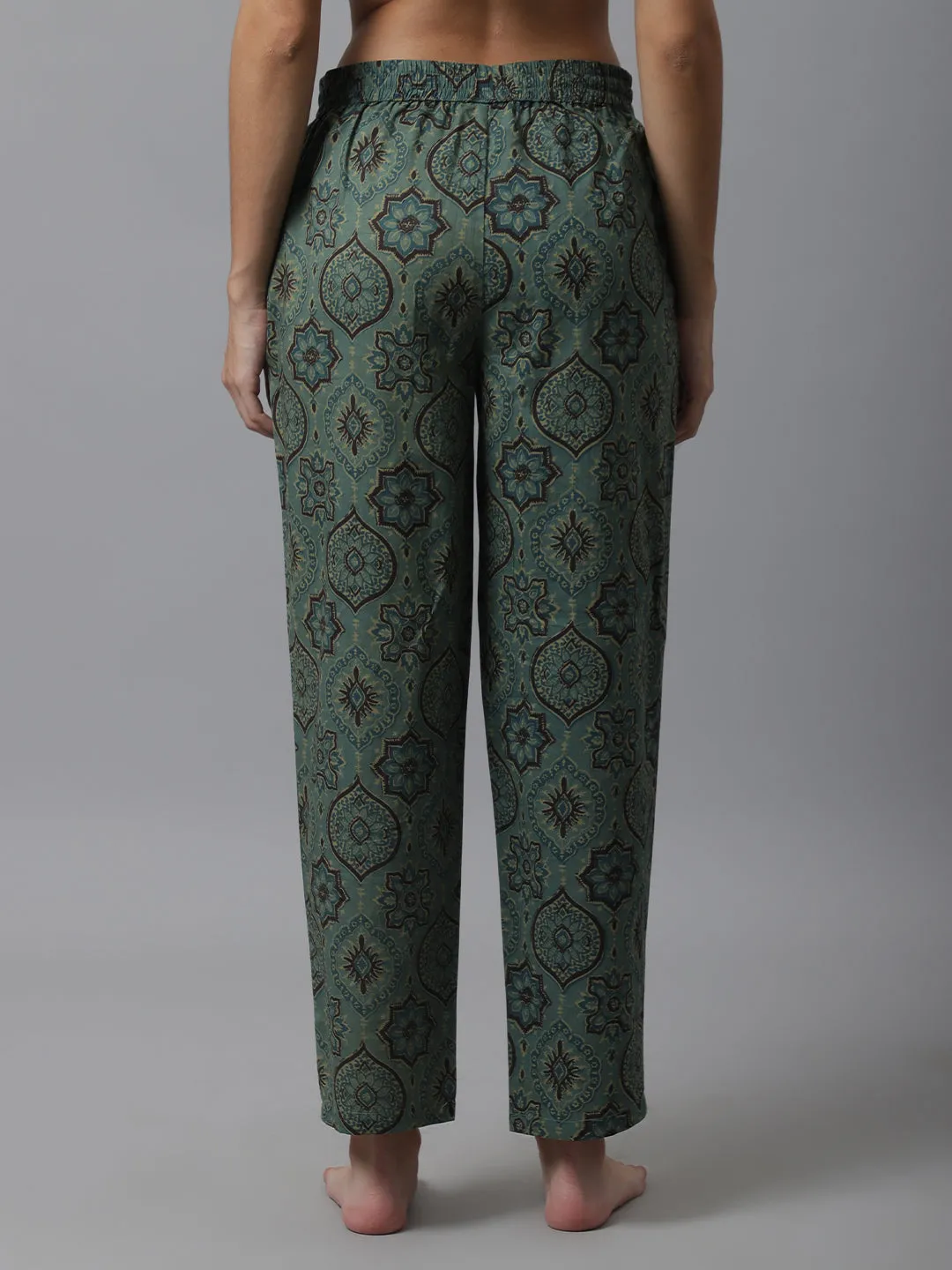 Women's Green Floral Cotton Pyjama / Lounge Pants - Green